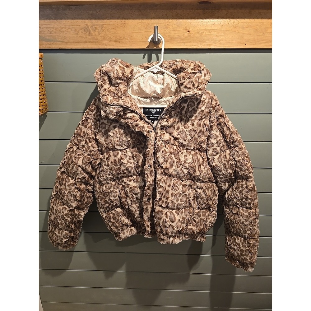 SpiritHoods brand faux fur jacket featuring a leopard print design